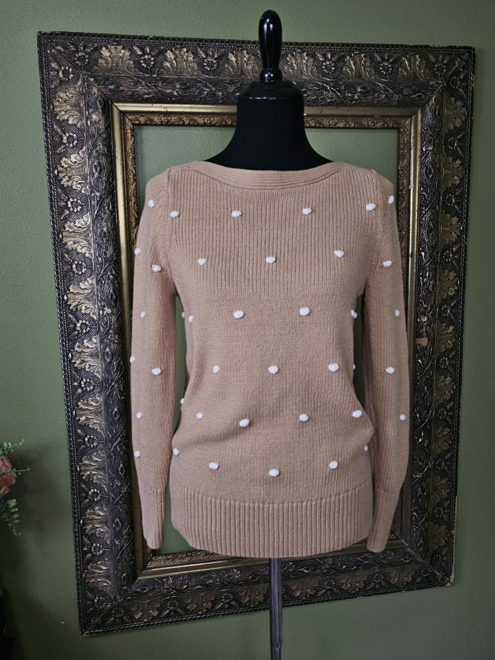 LOFT Tan Cream Pom Pom Dot Cotton Knit Boatneck Sweater Small